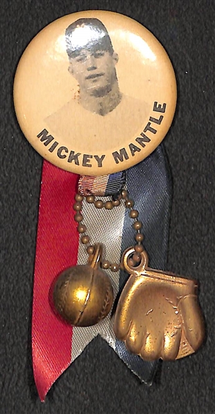 RARE 1951 Mickey Mantle PM10 Rookie Era Stadium Pin (w. Original Ribbon, Ball, Glove)